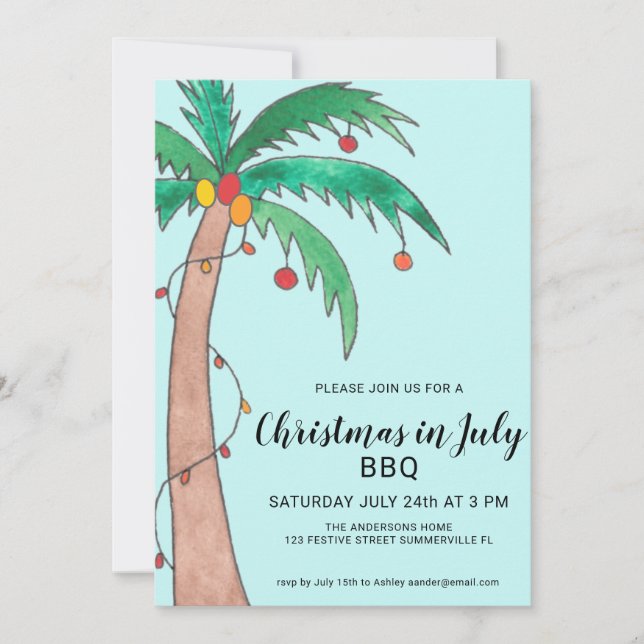 Christmas In July BBQ Palm Tree Invitation (Front)