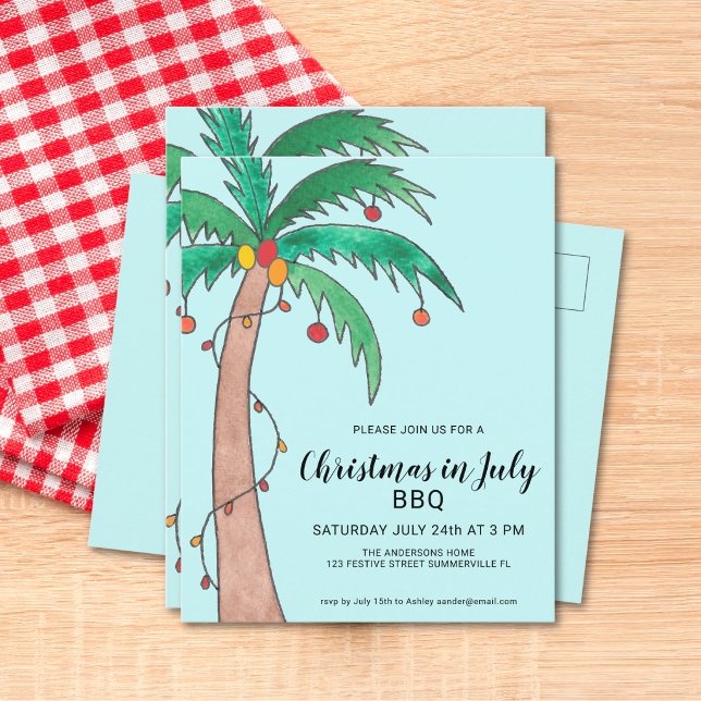 Christmas In July BBQ Palm Tree Invitation Postcard (Creator Uploaded)