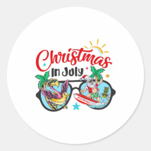 Christmas In July Beach Flamingo Santa Surfing Sun Classic Round Sticker