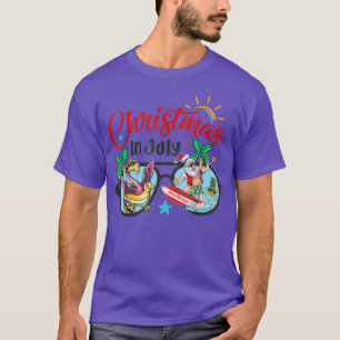 Christmas In July Beach Flamingo Santa Surfing Sun T-Shirt