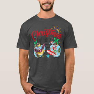 Christmas In July Beach Flamingo Santa Surfing Sun T-Shirt