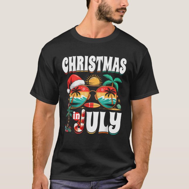 Christmas In July Beach Sunglasses Santa Palm Tree T-Shirt (Front)