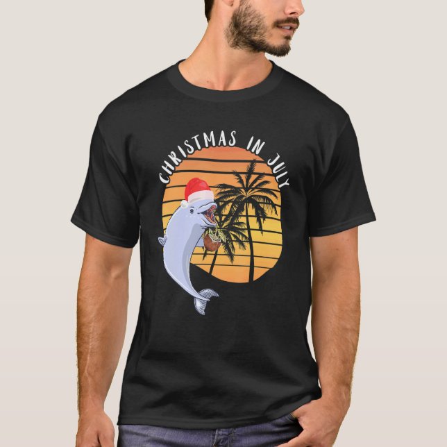 Christmas In July Beluga Whale Retro Sunset Arctic T-Shirt (Front)