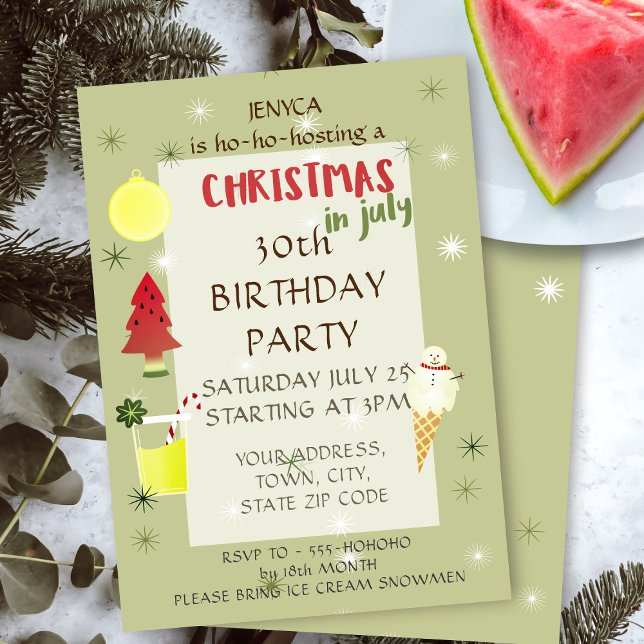 Christmas in July Birthday Party Invitation (🍉Celebrate Christmas for Your 30th Birthday! (or any age) You'll need ice cream and watermelons 🍉)