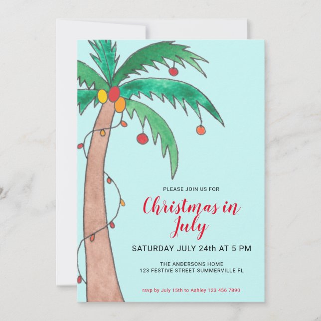 Christmas In July Celebration Palm Tree Party  Inv Invitation (Front)