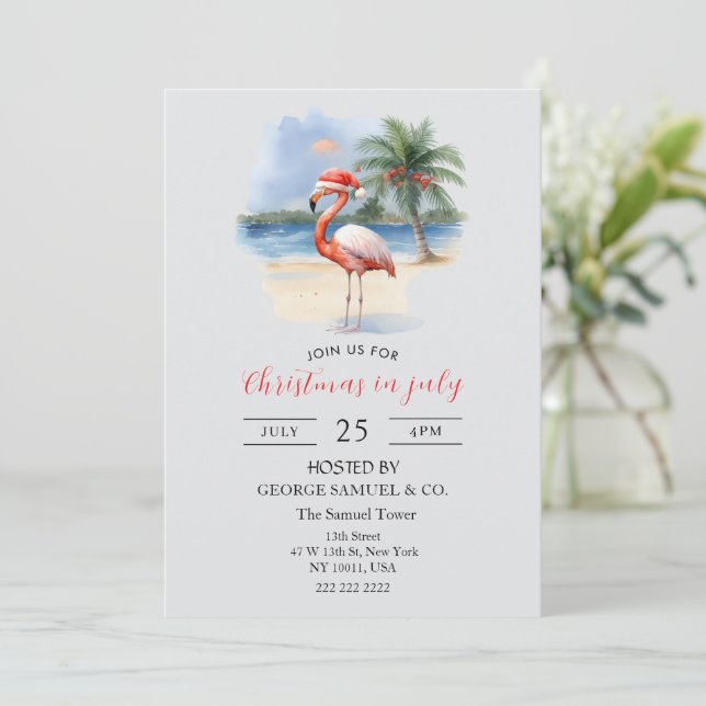 Christmas in July Custom Company Name Flamingo Invitation (Standing Front)
