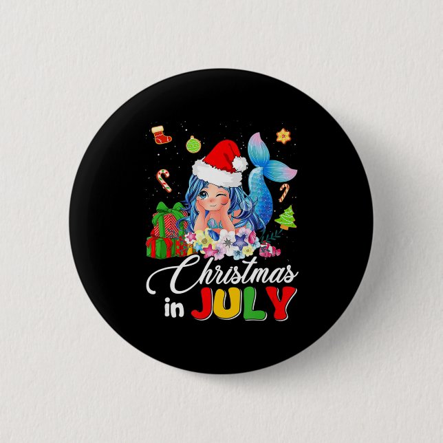 Christmas In July Cute Anime Mermaid Santa Hat Sum 6 Cm Round Badge (Front)
