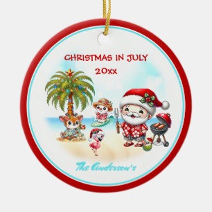 Christmas In July Cute Santa Tropical Summer  Ceramic Ornament