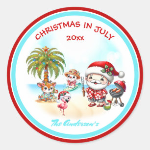 Christmas In July Cute Santa Tropical Summer  Classic Round Sticker
