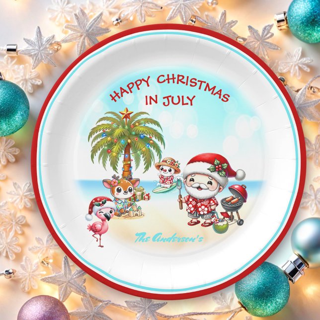 Christmas In July Cute Santa Tropical Summer  Paper Plate (Christmas In July Cute Santa Tropical Summer Paper Plates)