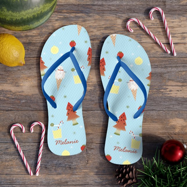 Christmas in July Cute Summer Pattern Blue Thongs (Ideal for your beach vacation during summer or Christmas, these can be customized with your name)
