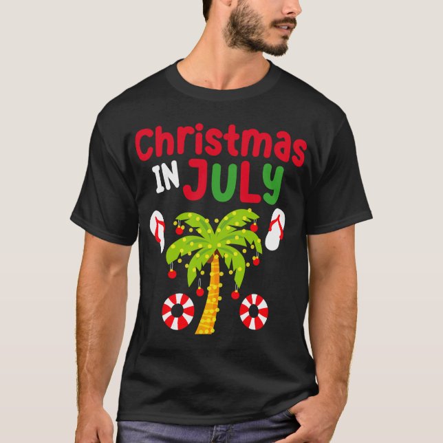 Christmas In July Flamingo Surfing Coconut Tree Su T-Shirt (Front)