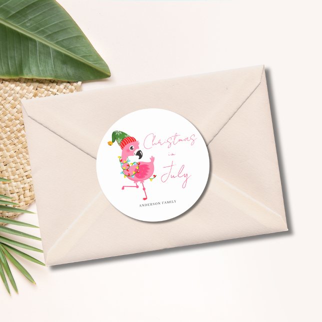 Christmas In July Flamingo Tropical  Classic Round Sticker (Creator Uploaded)