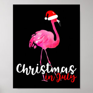 Christmas In July Flamingo With Santa Hat Drawing Poster