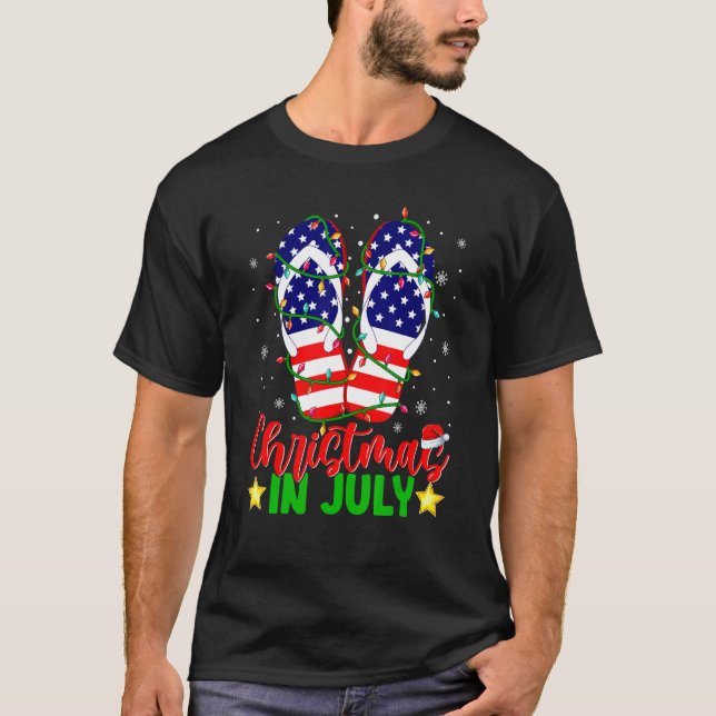 Christmas In July  Flip Flops American Flag Xmas L T-Shirt (Front)