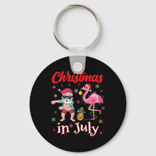 Christmas In July Funny Pink Flamingo Summer Vacat Key Ring