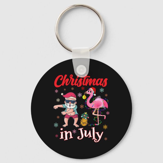 Christmas In July Funny Pink Flamingo Summer Vacat Key Ring (Front)