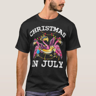 Christmas In July Funny Pink Flamingos Drinking Su T-Shirt
