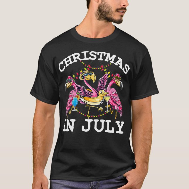 Christmas In July Funny Pink Flamingos Drinking Su T-Shirt (Front)