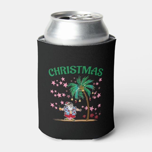 Christmas In July Funny Santa Claus Tropical Beach Can Cooler (Can Front)