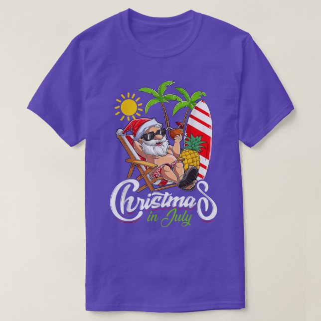 Christmas In July Funny Santa Surfing Summer Beach T-Shirt (Design Front)