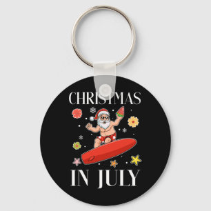 Christmas In July Funny Santa Surfing Summer Surfe Key Ring