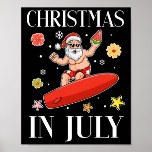 Christmas In July Funny Santa Surfing Summer Surfe Poster