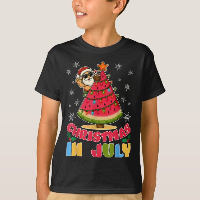 Christmas In July Funny Santa Watermelon Xmas Tree T-Shirt (Front)