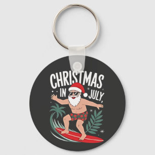 Christmas in July Funny Surfing Santa Vacation Key Ring
