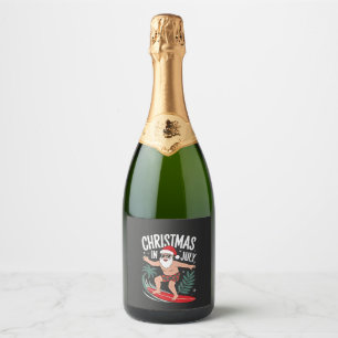Christmas in July Funny Surfing Santa Vacation Sparkling Wine Label