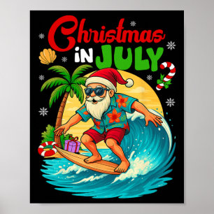 Christmas In July Hawaii Santa Surfing Summer Beac Poster