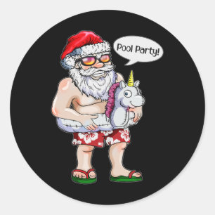 Christmas In July Holiday Santa Claus Unicorn Pool Classic Round Sticker