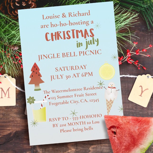 Christmas in July 🍉 Jingle Bell Picnic Invitation (Get your guests holly jolly excited for your annual Christmas in July Picnic!)