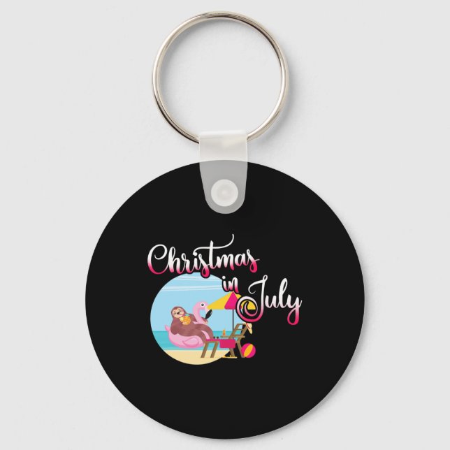 Christmas In July - Lazy Sloth On Flamingo Float - Key Ring (Front)