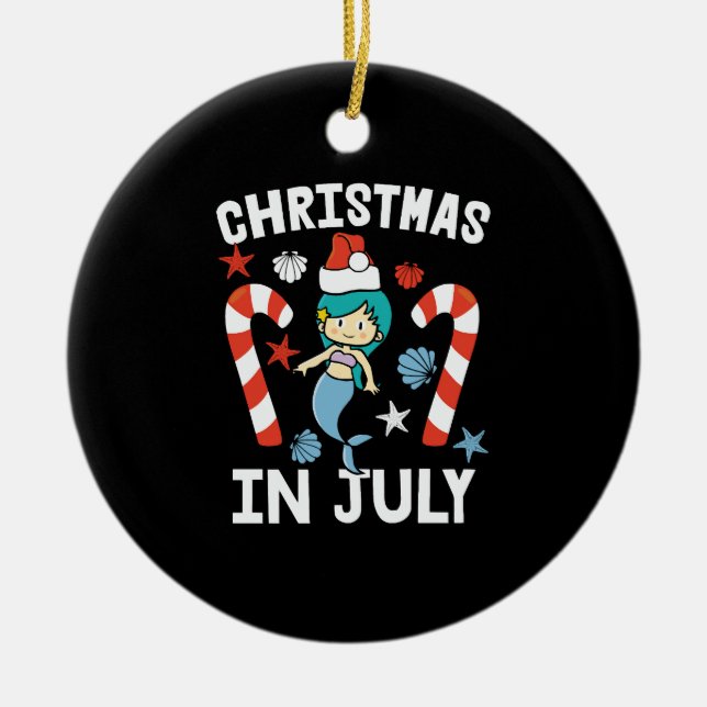 Christmas in july mermaid with santa hat ceramic ornament (Front)