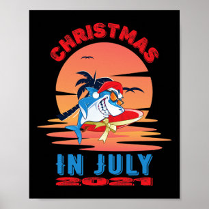 Christmas In July Naughty Santa Shark Surfing Vaca Poster