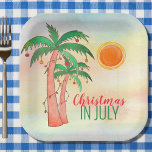 Christmas in July Palm Trees Party Paper Plate<br><div class="desc">Let's celebrate Christmas in July with a BBQ or party! Invite family and friends to your Christmas themed celebration and decorate it with these island style paper plates featuring hand drawn palm trees decorated with lights on a watercolor background. Because we create our own artwork you won't find this exact...</div>