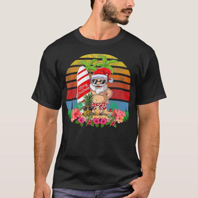 Christmas In July Party Costume  Santa Surfing T-Shirt (Front)