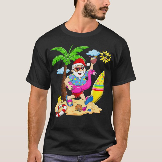 Christmas In July Party Hawaiian Summer Santa Surf T-Shirt (Front)