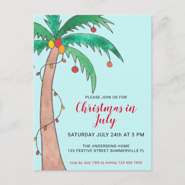 Christmas In July Party Palm Invitation Postcard (Front)
