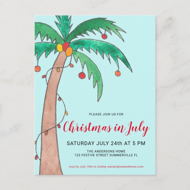 Christmas In July Party Palm Postcard Invitation (Front)