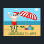 Christmas in July Party Summer Santa Claus Beach Postcard<br><div class="desc">This cute Christmas in July postcard makes a perfect summer party invitation for a beach bash or pool gathering. Make it a fun north pole themed extravaganza with Santa Claus in his swimming trunks next to a red and white striped beach umbrella and gifts. I've never seen Mr. Klaus in...</div>