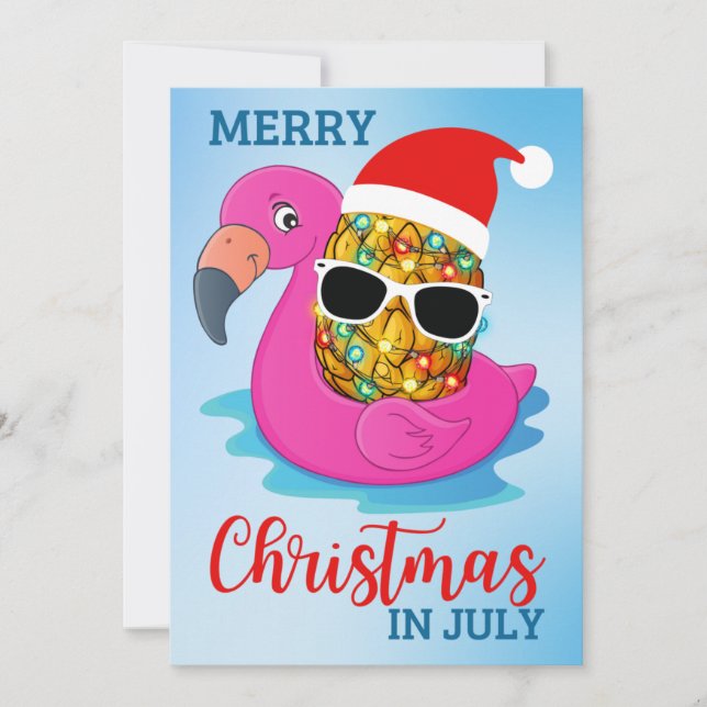Christmas in July Pineapple Santas Hat Flamingo Ho Holiday Card (Front)