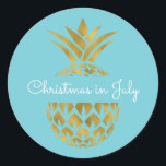 Christmas in July Pineapple Tropical Holiday Classic Round Sticker<br><div class="desc">Australian Christmas in July Faux Foil Gold and Aqua Blue Pineapple Christmas Blue Postage Sticker. This Hawaiian Christmas sticker is perfect for sealing a tropical Family Christmas Card.</div>