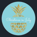 Christmas in July Pineapple Tropical Holiday Classic Round Sticker<br><div class="desc">Australian Christmas in July Faux Foil Gold and Aqua Blue Pineapple Christmas Blue Postage Sticker. This Hawaiian Christmas sticker is perfect for sealing a tropical Family Christmas Card.</div>
