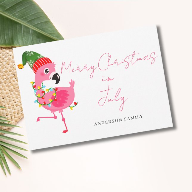 Christmas In July Pink Flamingo Flat Holiday Card (Creator Uploaded)