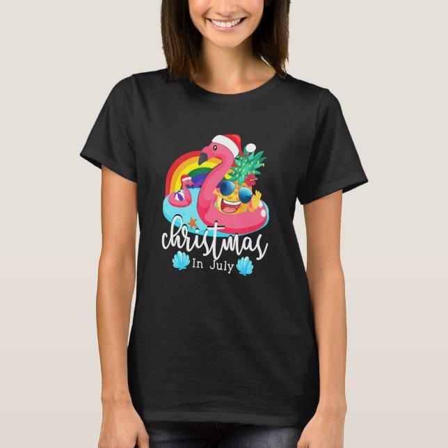Christmas In July Pink Flamingo Hawaiian Summer Ki T-Shirt (Front)