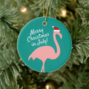 Christmas in July pink flamingo Santa Claus Ceramic Ornament