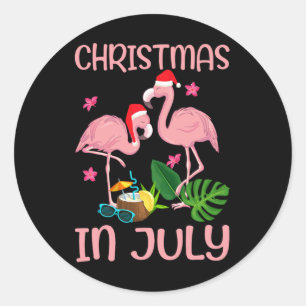 Christmas In July Pink Flamingo With Santa Hat 1 Classic Round Sticker