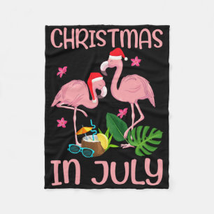 Christmas In July Pink Flamingo With Santa Hat 1 Fleece Blanket